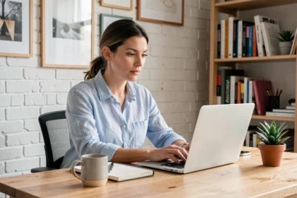 Freelance travaillant sur son ordinateur portable dans un bureau à domicile moderne et chaleureux