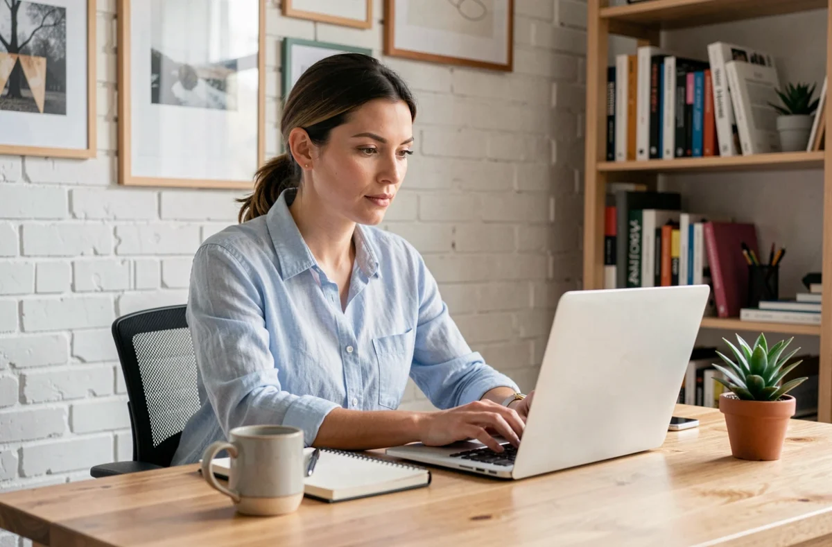 Freelance travaillant sur son ordinateur portable dans un bureau à domicile moderne et chaleureux