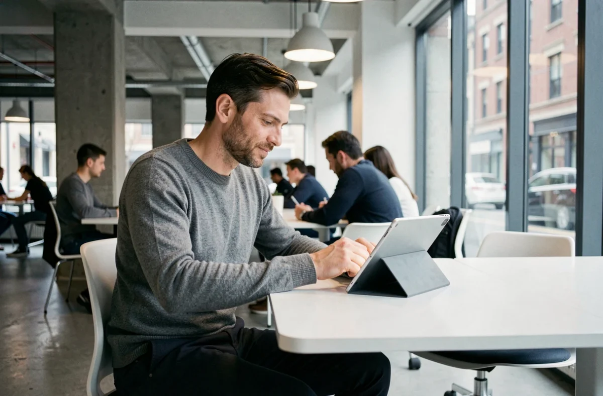Freelance masculin consultant son portfolio numérique dans un espace de coworking contemporain