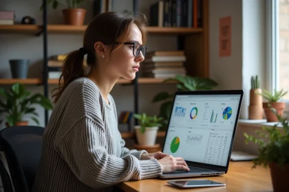 Freelance femme travaillant sur une stratégie marketing IA sur son ordinateur portable dans un bureau à domicile