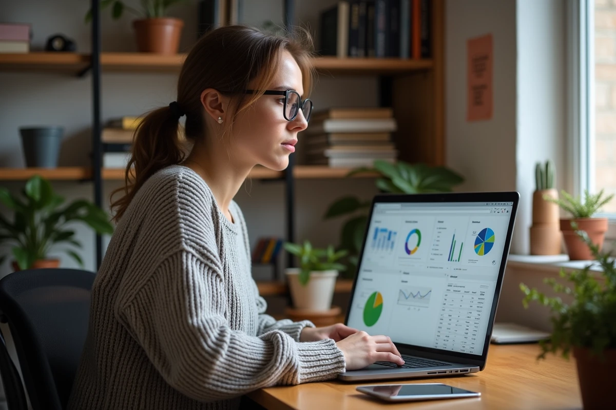 Freelance femme travaillant sur une stratégie marketing IA sur son ordinateur portable dans un bureau à domicile