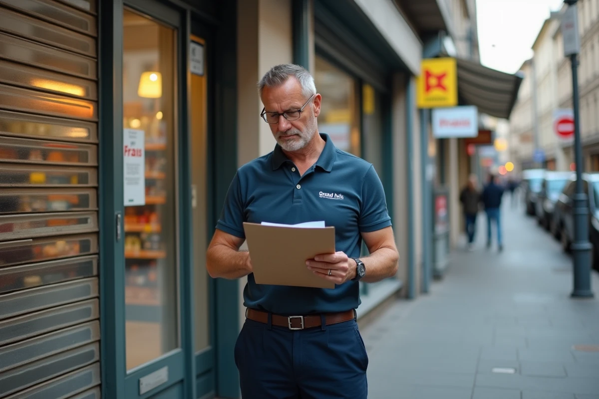 Gérant de magasin GiFi consultant des documents devant une enseigne en transition suite au rachat par Grand Frais
