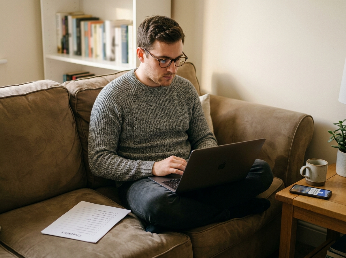 Homme gérant ses candidatures à domicile avec un ordinateur portable et une liste de suivi sur plusieurs plateformes d'emploi