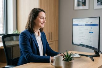 Femme professionnelle gérant plusieurs candidatures en ligne depuis son bureau avec plusieurs onglets de sites d'emploi ouverts sur son écran