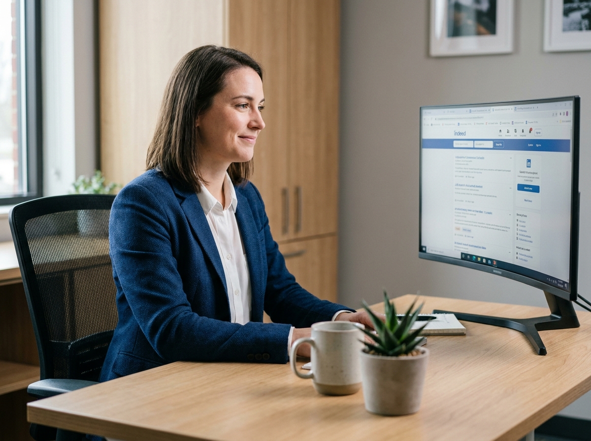 Femme professionnelle gérant plusieurs candidatures en ligne depuis son bureau avec plusieurs onglets de sites d'emploi ouverts sur son écran