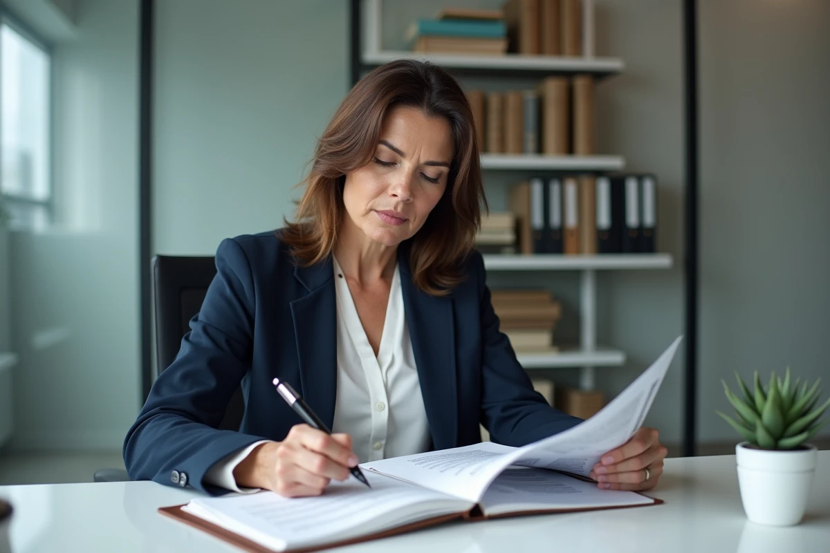 Gestionnaire d'entreprise examinant des avis clients vérifiés dans un bureau professionnel moderne