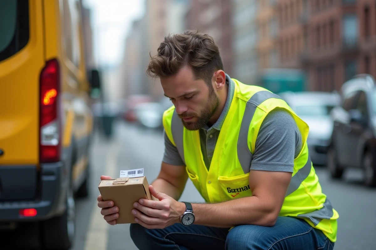 Livreur en gilet haute visibilité jaune personnalisé avec logo PME lors d'une livraison urbaine