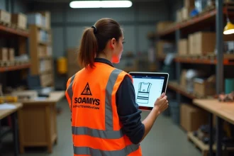 Femme PME portant un gilet de sécurité personnalisé avec logo d'entreprise dans un atelier artisanal