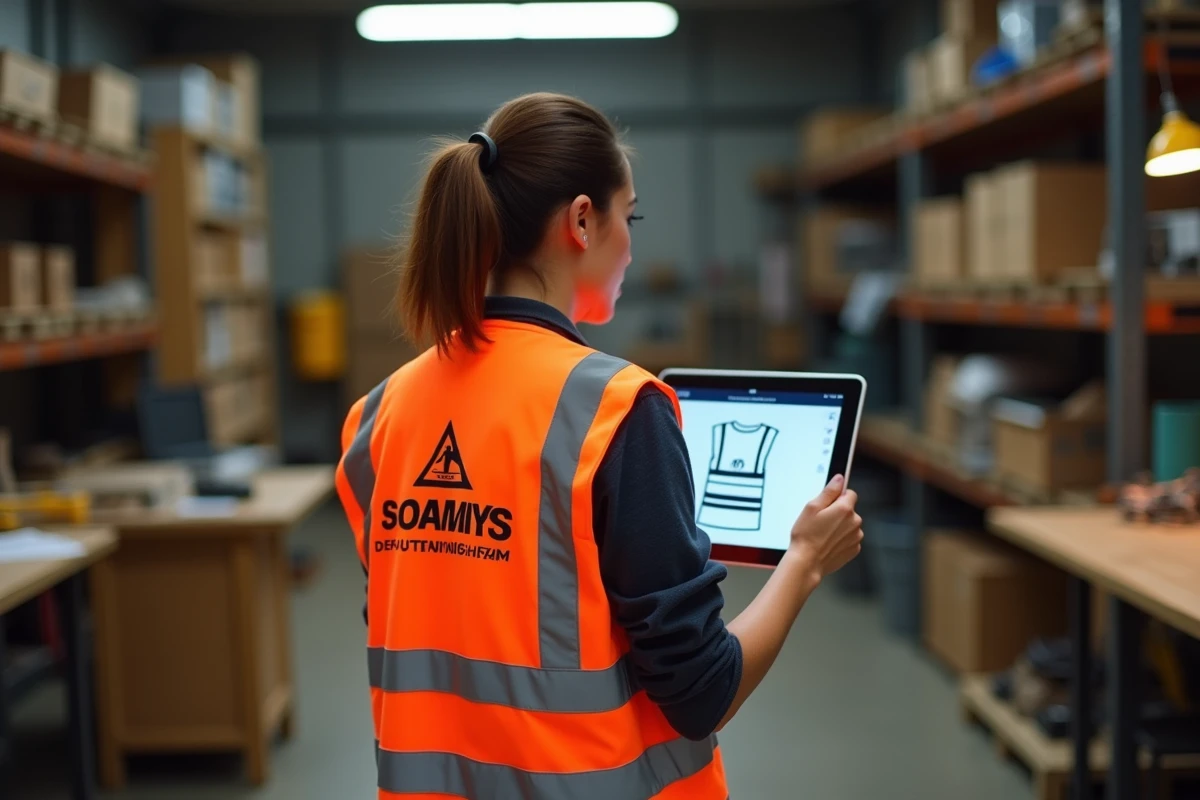 Femme PME portant un gilet de sécurité personnalisé avec logo d'entreprise dans un atelier artisanal