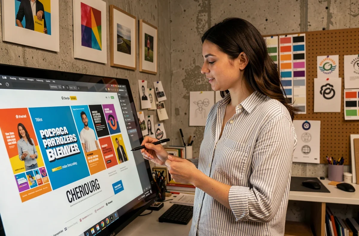 Designer de Graphical Dream à Cherbourg travaillant sur une identité visuelle et des éléments graphiques colorés