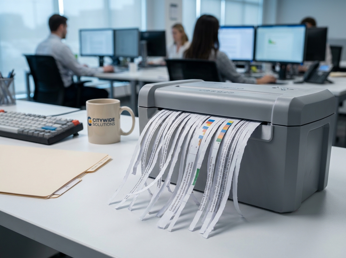 Gros plan sur un destructeur de documents déchiqueté des papiers confidentiels dans un bureau moderne