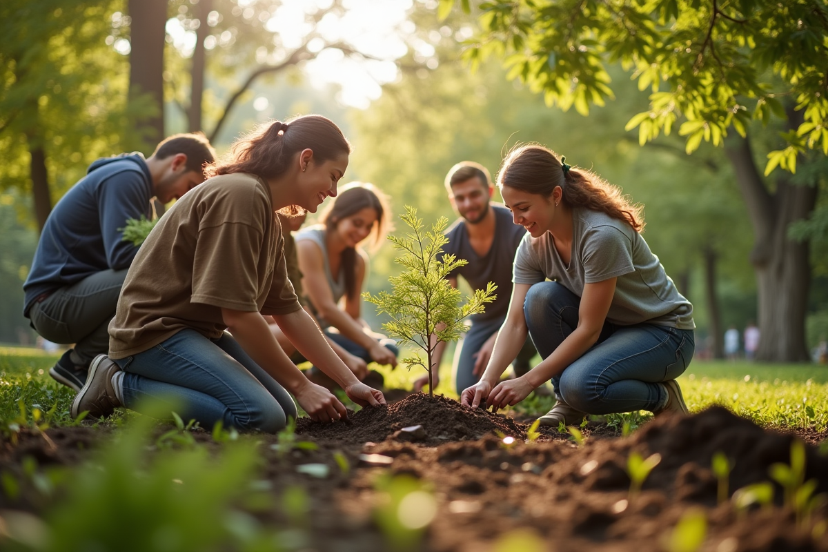 Groupe de bénévoles plantant des arbres dans un parc urbain