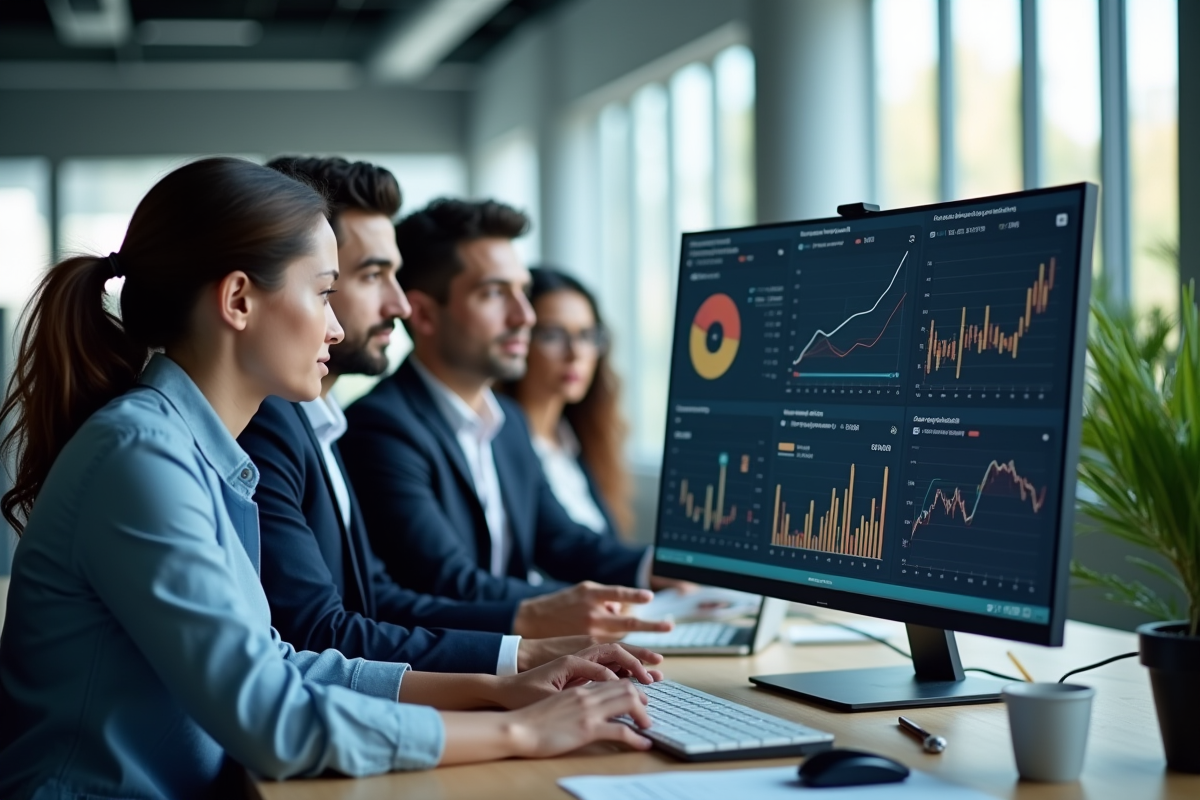 Groupe de collègues au bureau analysant des données