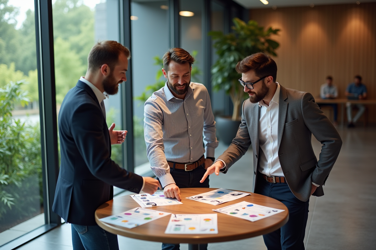 Groupe de professionnels discute autour de flyers dans un bureau moderne