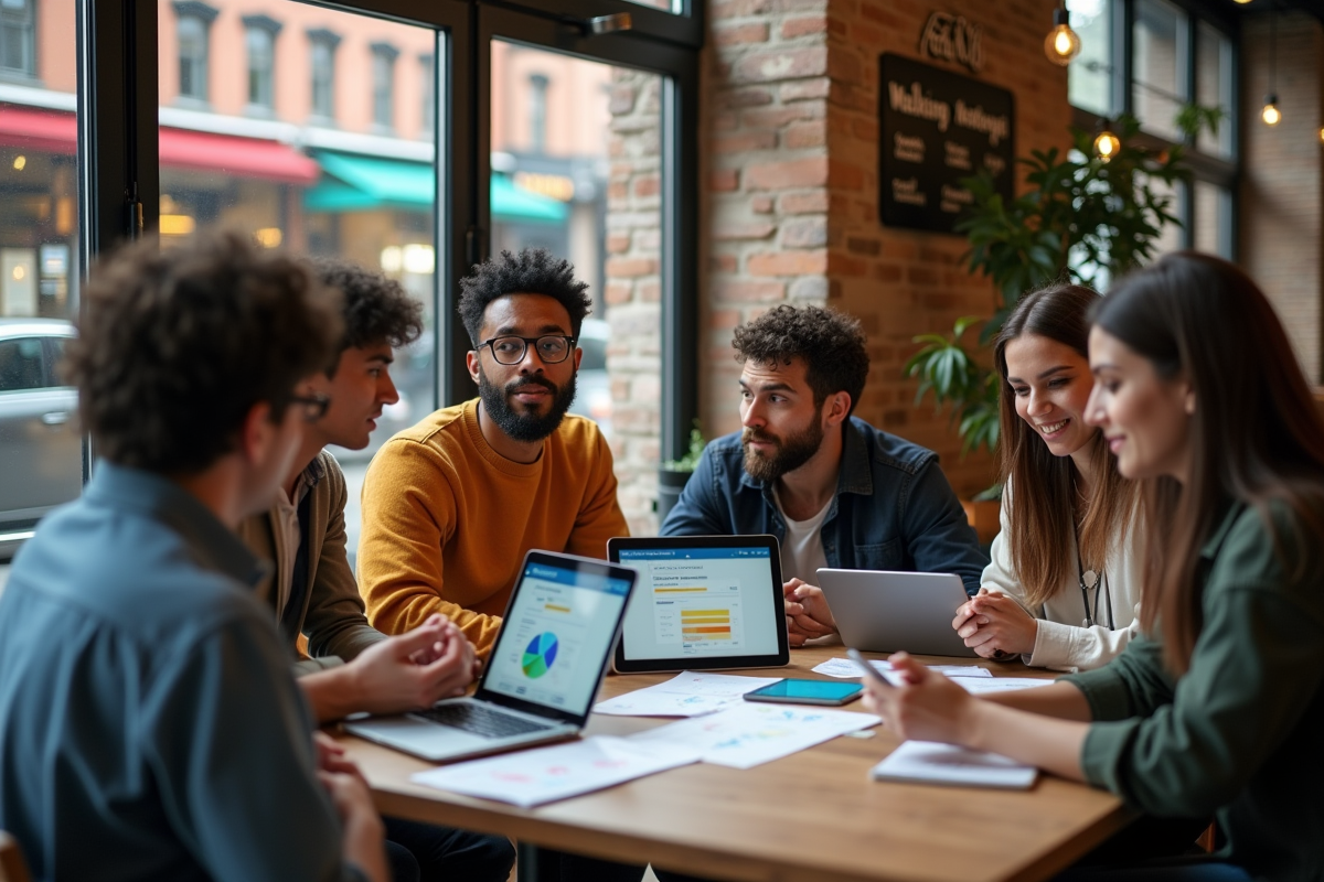 Groupe diversifié de jeunes adultes discutant autour d une table de coworking