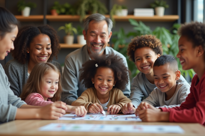 Groupe diversifi&eacute; autour de logos mondiaux sur la table