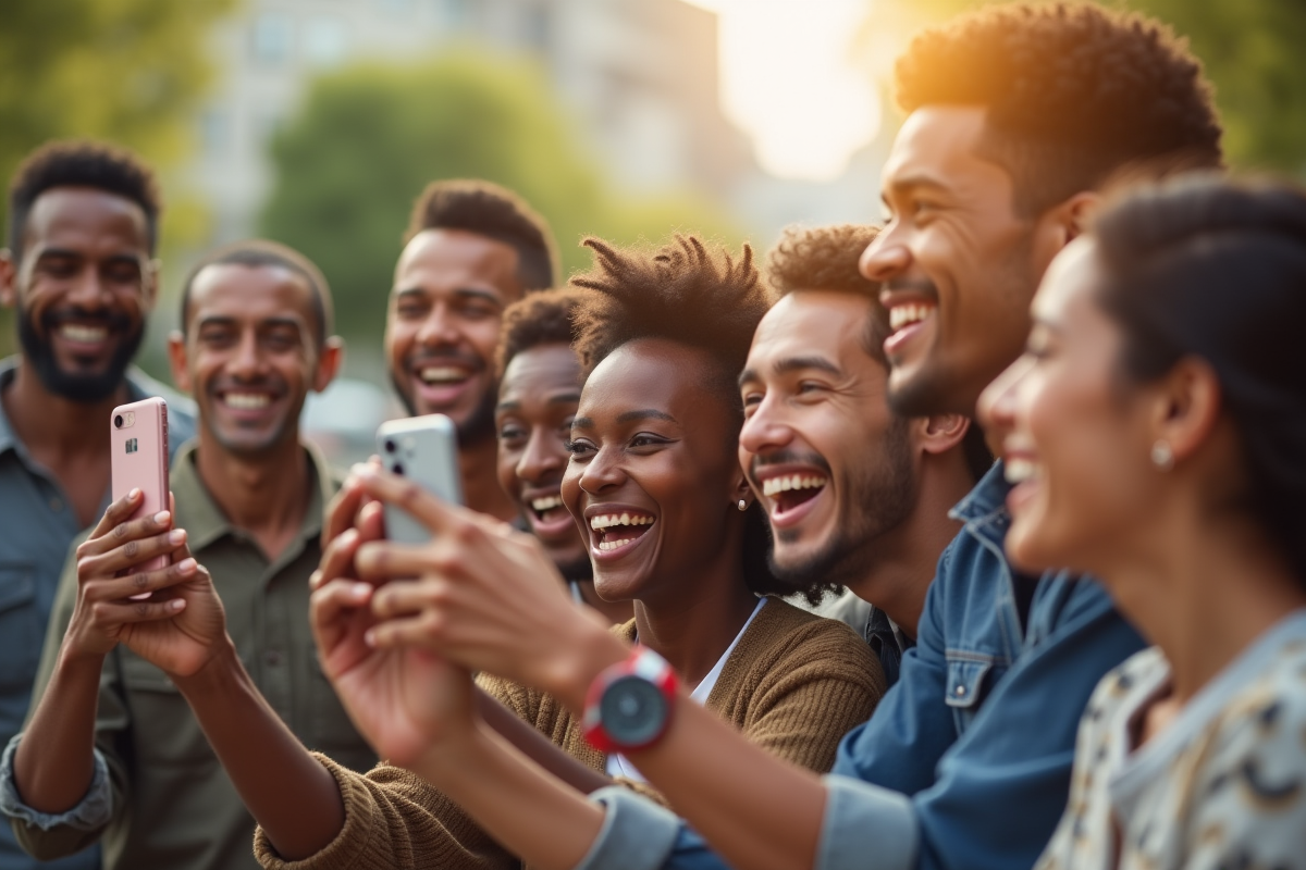 Groupe divers souriant prenant des photos en plein air