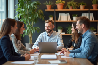 Groupe de professionnels en réunion dans un bureau moderne