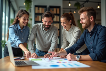 Groupe de professionnels en r&eacute;union dans un bureau moderne