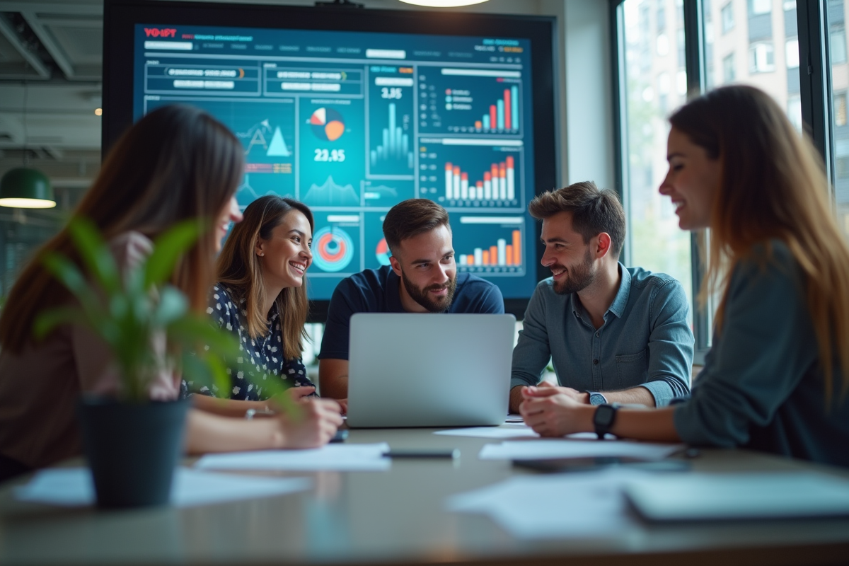 Groupe de jeunes professionnels collaborant autour d'un ordinateur dans un bureau moderne