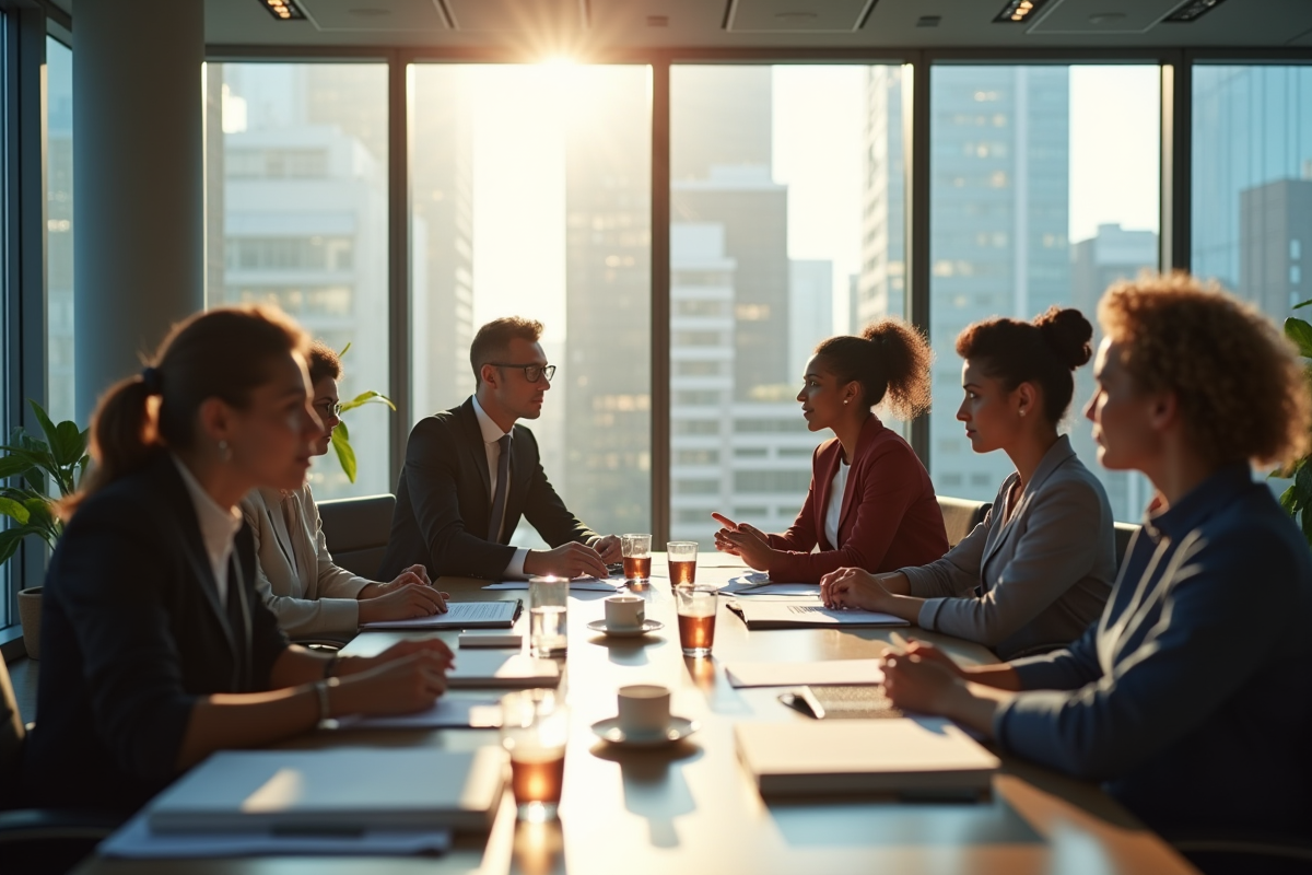 Groupe de professionnels en réunion dans un bureau lumineux