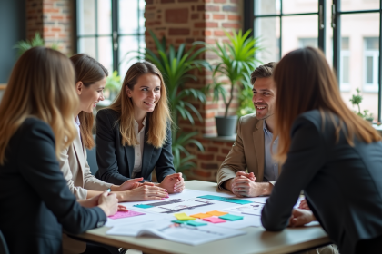 Groupe de professionnels discutant stratégie marketing en réunion