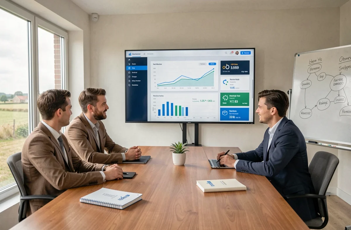 Équipe digitale de l'agence Highfive dans la Manche lors d'une réunion stratégique autour de tableaux de bord analytiques