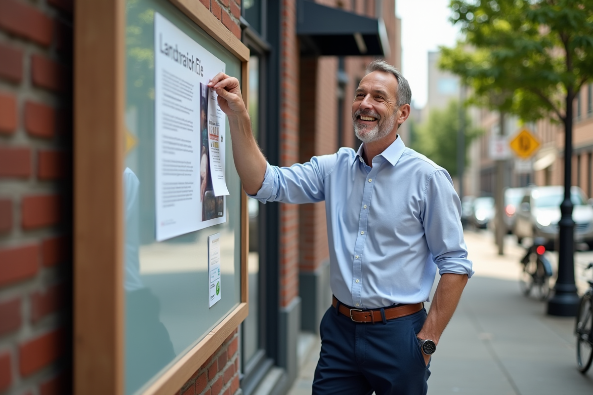 Homme en ville affichant une annonce sur un panneau communautaire