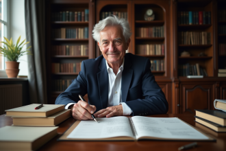 Homme âgé en costume lisant à son bureau