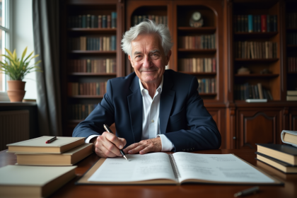 Homme âgé en costume lisant à son bureau