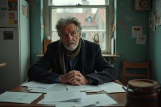 Homme d'âge moyen dans une cuisine modeste avec lettres et papiers