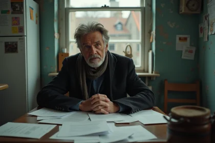 Homme d'&acirc;ge moyen dans une cuisine modeste avec lettres et papiers