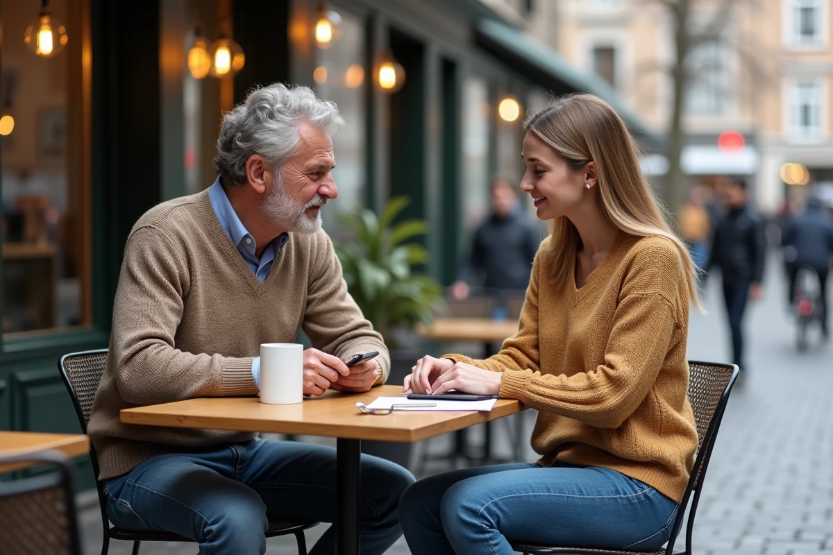 Homme expliquant un concept &agrave; une jeune femme en caf&eacute; urbain