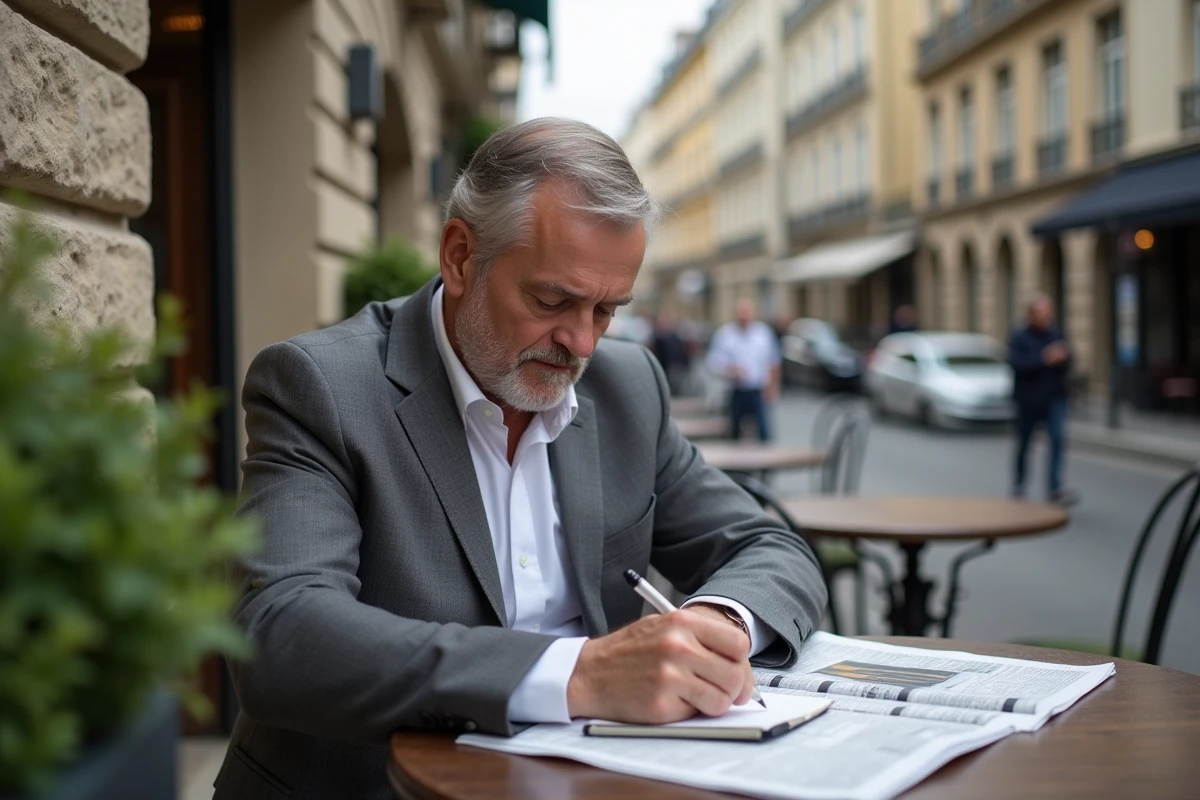 Homme d affaires au caf&eacute; parisien prend des notes