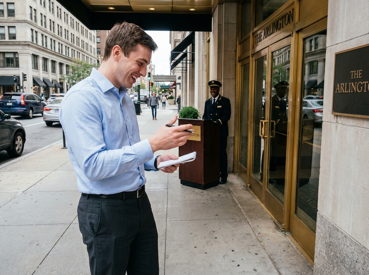 Homme discutant avec un concierge devant un h&ocirc;tel