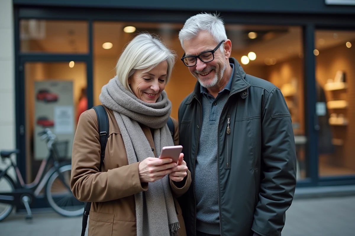 Homme et femme regardant une application shopping dehors