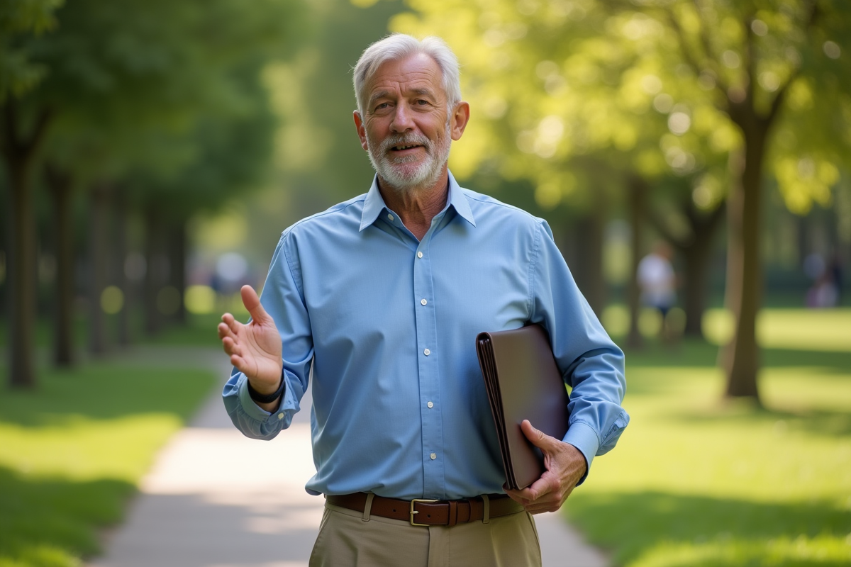 Homme mature dans un parc en expliquant une idée