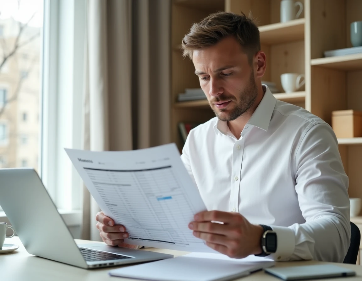 Homme consultant un tableau de planification mensuelle imprimé à son bureau, pour comparer jours ouvrables et jours calendaires en 2026