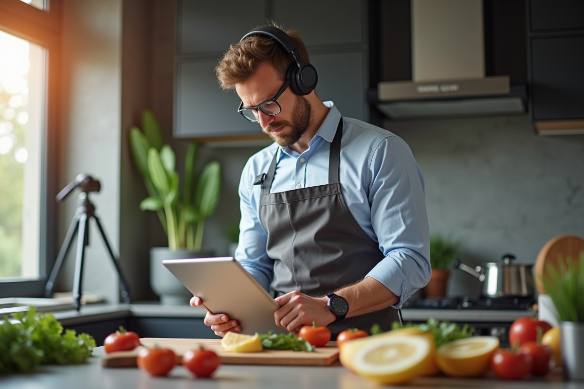 Homme préparant à manger dans une cuisine moderne