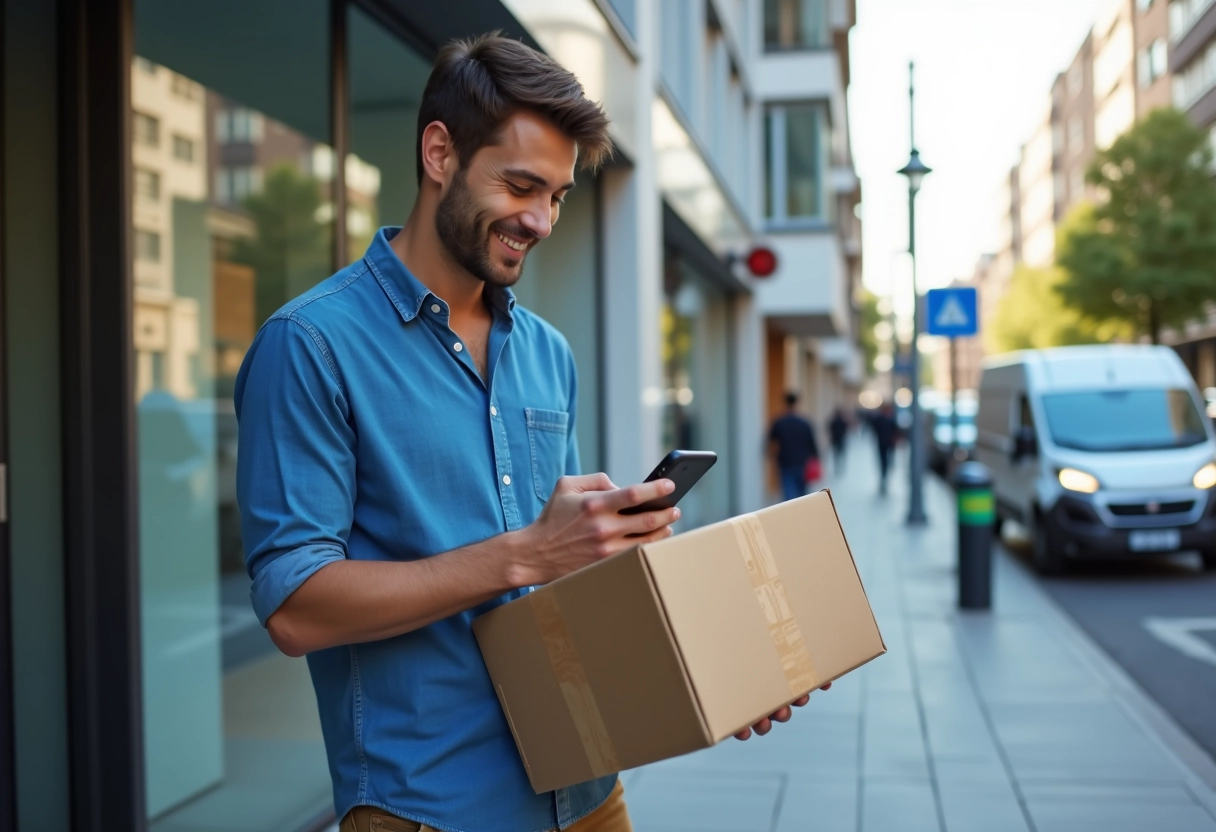 Homme vérifiant un colis dans la rue en ville
