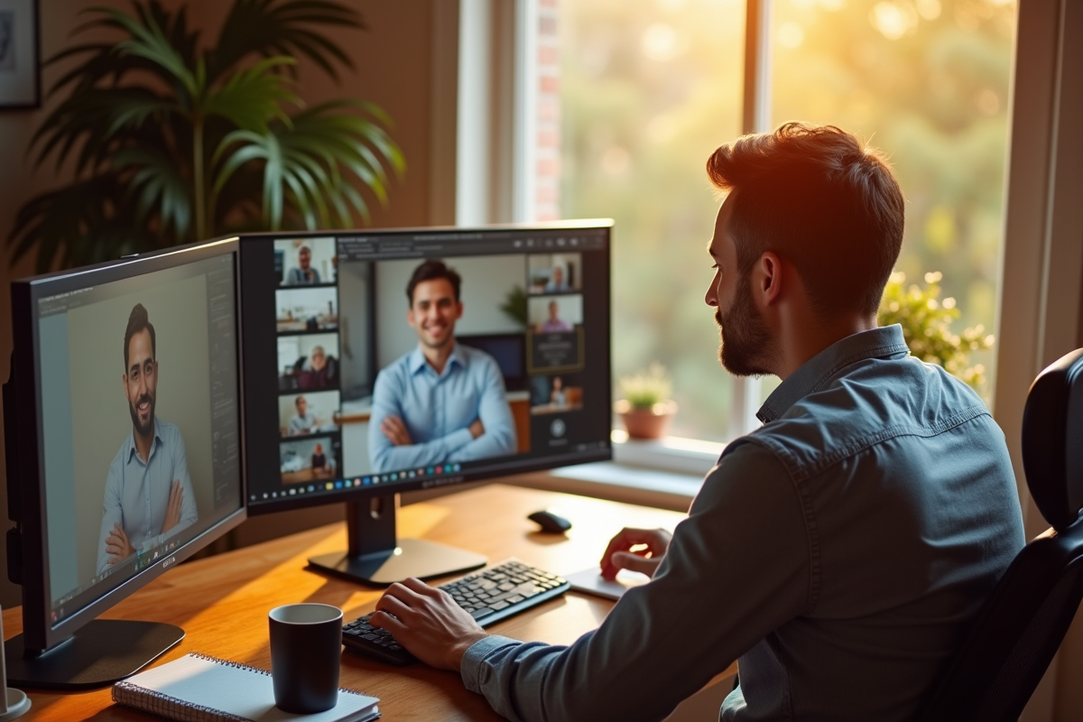 Homme en visioconference dans un bureau à domicile chaleureux