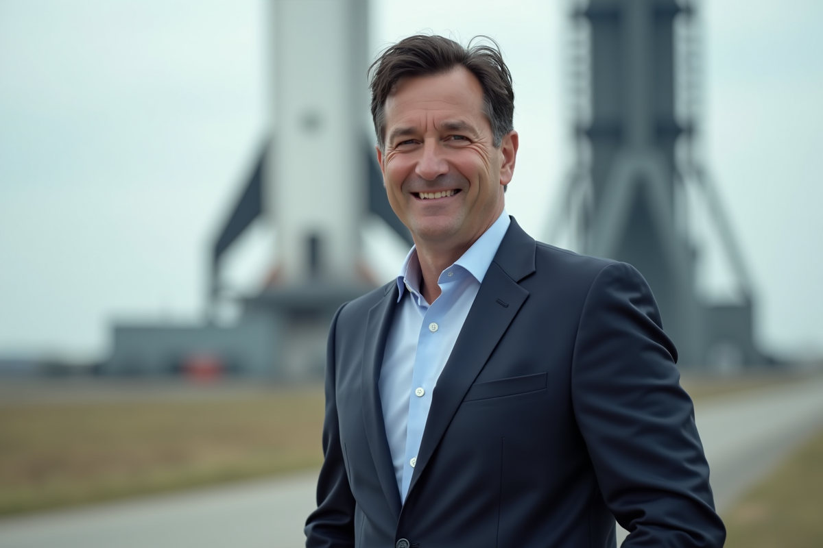 Homme d'âge moyen près d'une fusée en extérieur