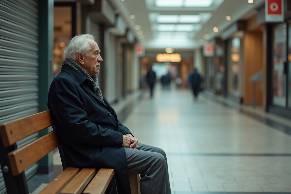 Homme âgé assis seul dans centre commercial désert