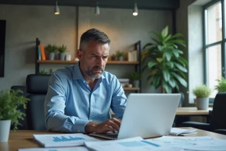 Homme stressé au bureau regardant des rapports d'analytique
