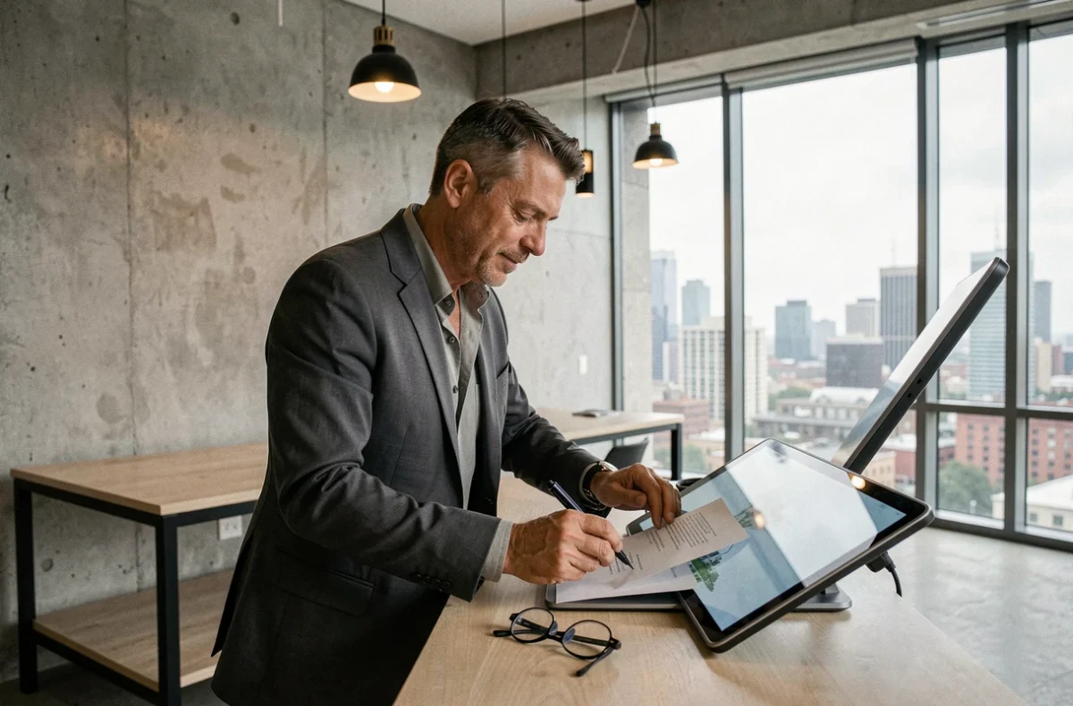 Homme en costume signant un document légal avec un stylet sur tablette dans un espace de coworking