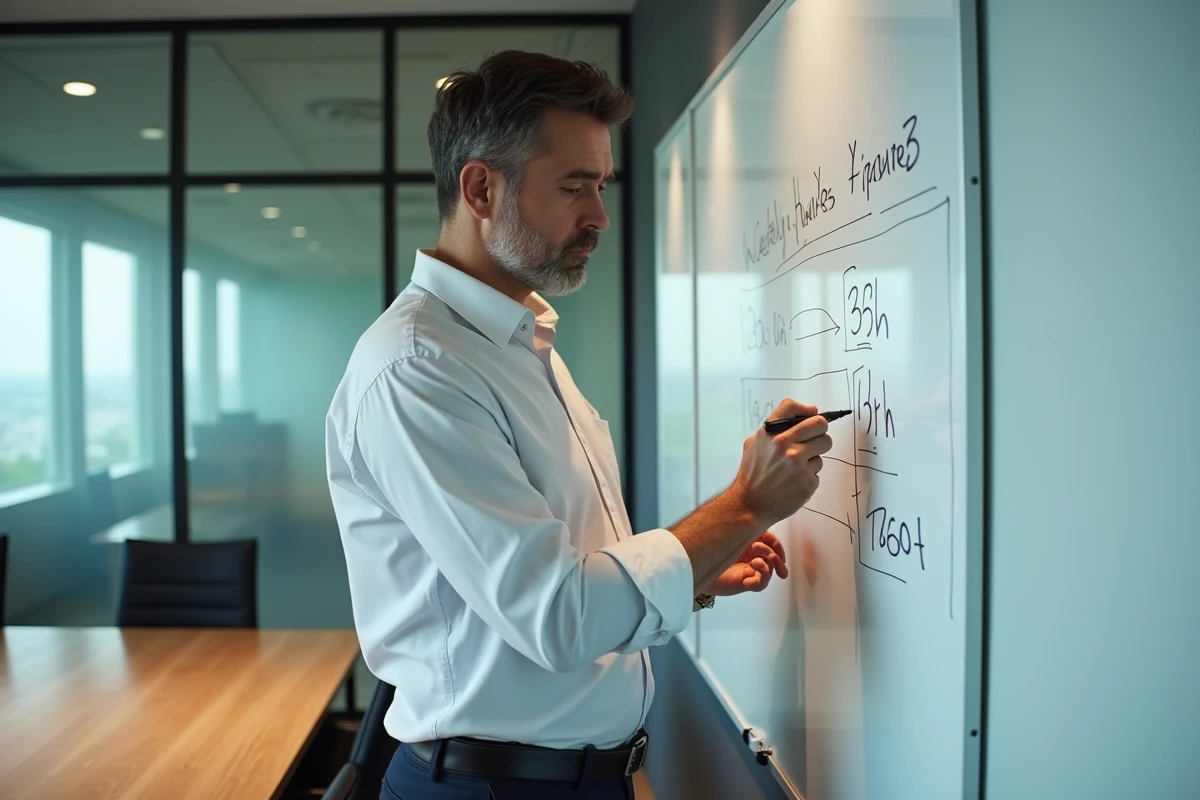 Homme d'affaires annotant un tableau blanc avec des calculs d'heures annuelles de travail à 35 heures