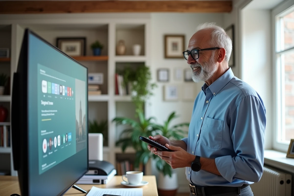 Homme âgé regardant la télévision en utilisant une télécommande dans un bureau lumineux