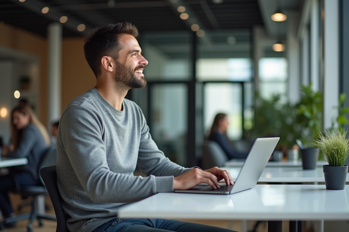 Homme au coworking avec ordinateur portable