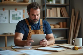 Homme en overalls regardant une tablette dans un bureau moderne