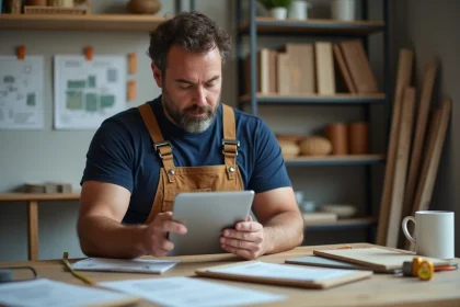 Homme en overalls regardant une tablette dans un bureau moderne